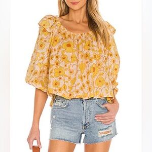 Free People Yellow Floral Ruffled Cotton Boho Blouse 3/4 Sleeve Size M